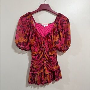 DR2 Ruched Puff-Sleeve Floral Tunic Woman’s Size Medium